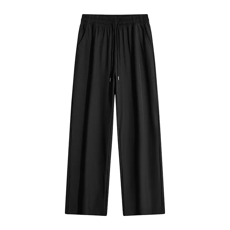 Men's Casual Loose-Fit Drawstring Plain Wide-Leg Pants with Pockets, Straight-Leg Streetwear, Training/Track Gym Trousers, Casual Street Trousers, Uncuffed Athleisure Sweatpants (Black, Summer-Friendly)