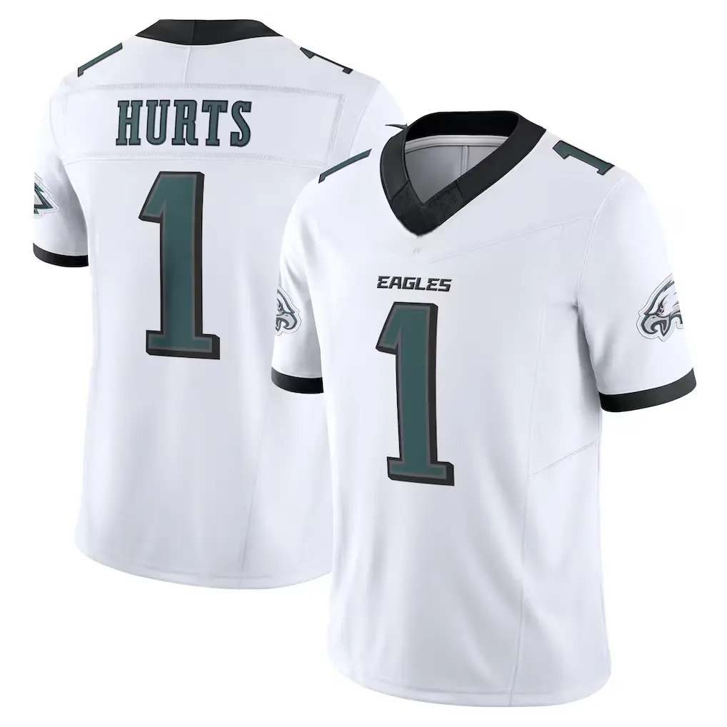 Full Print White/Black Hurts 1 Football Jersey, Men's Breathable V Neck Short Sleeve Athletic Shirt, Team Game Uniform, Sports Fan Apparel, Unisex Gift for Football Fans