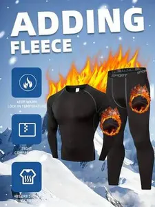 Men's 2-piece thermal underwear set, plus size, extra stretchy and thick, fleece-lined for warmth in winter, suitable for home wear, round neck, long sleeves and long pants, thermal base layer, ideal for outdoor sports, fitness, hiking, and running.