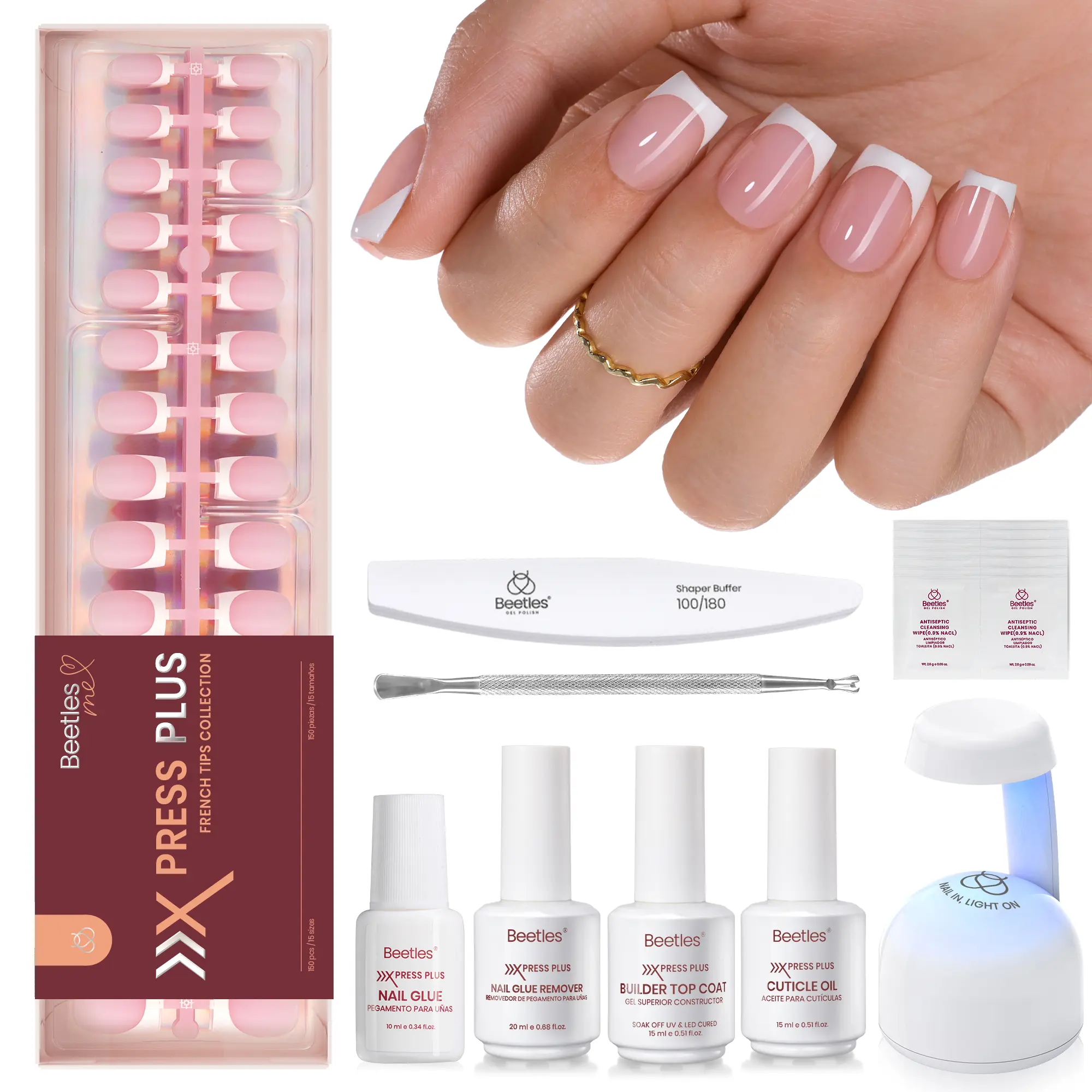 Beetles X Press Plus-Lite Kit French Tips Square Almond French Tip Press on Nails with Nail Glue Builder Top Coat Squoval Press on Nails DIY Manicure Gift for Women #Summervibes outdoorfun