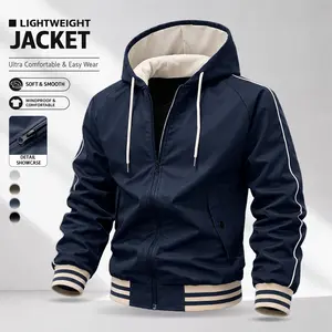 Men’s Patchwork Zip-Up Hooded Jacket – Lightweight windproof casual jacket with a soft, smooth street style, featuring contrast striped cuffs, suitable for everyday wear and outdoor commuting Casual