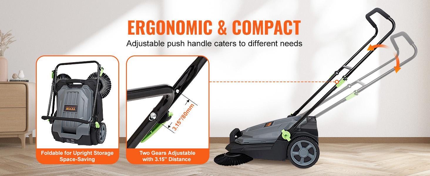 VEVOR Walk-behind Hand Push Floor Sweeper, 25.6" Sweeping Width Floor Sweeper Manual Non-Electric, 5-Gallon Waste Container, Angle & Height Adjustable Folding Handle for Walkway, Yard, Garage, Patio  VEVOR Super Brand Day
