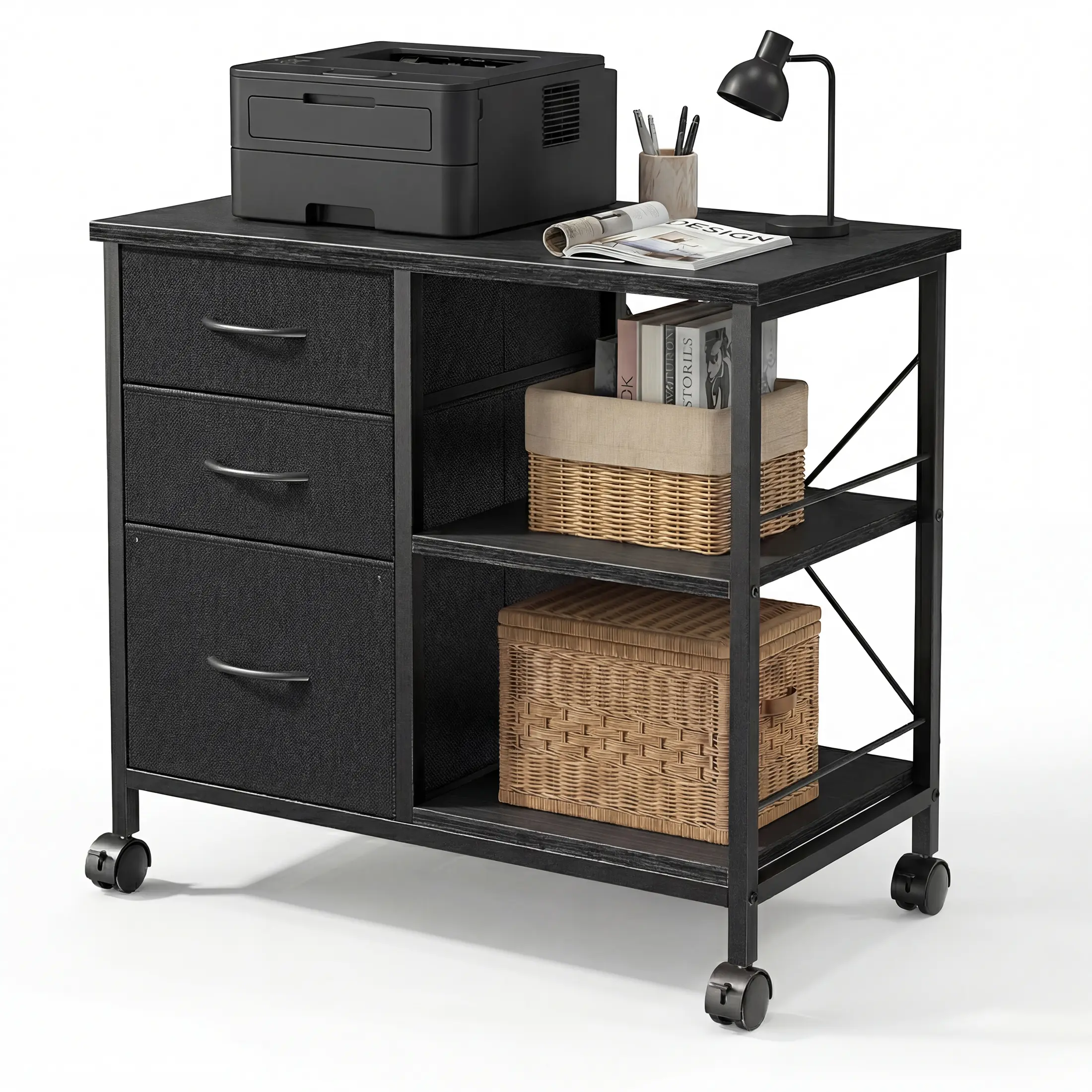 Modern 3-Drawer Mobile Steel Frame Cabinet with Rolling Casters, Open Shelf, Printer Stand Storage, Reinforced Bar, Tool-Free Assembly, 110lb Capacity for Home Office