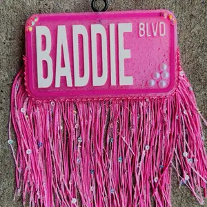 BADDIE BLVD License Plates Themed Car Air Freshener with Pink Fringe and Beaded Accents for Aromatic Vehicle Interior