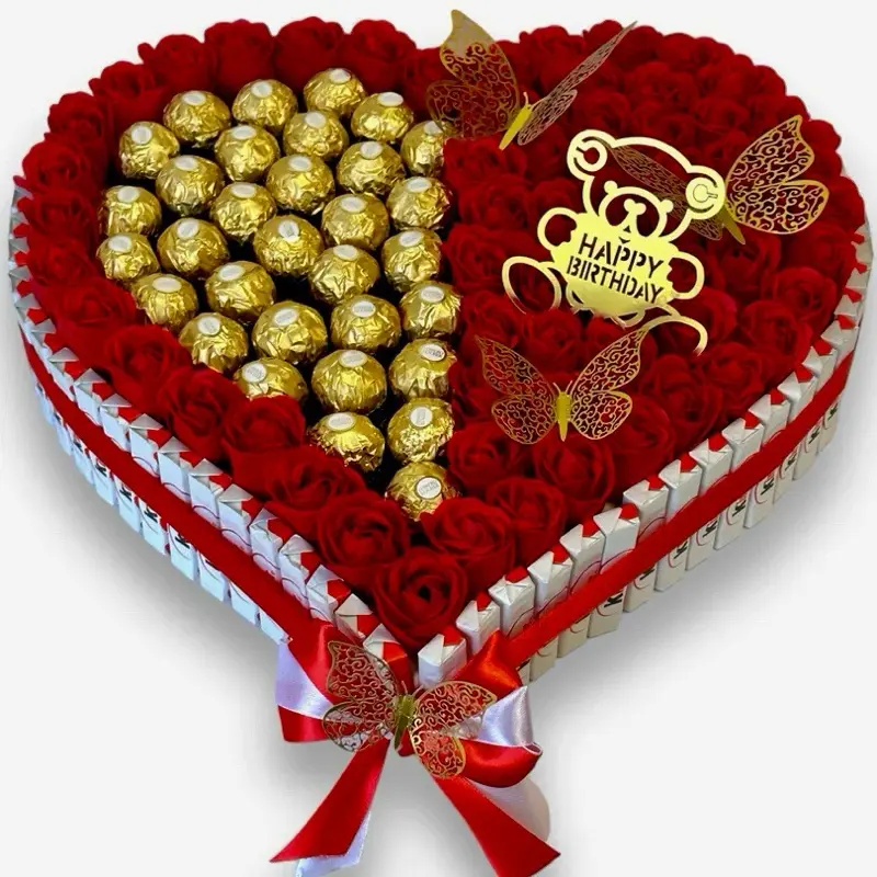 Ferrero Rocher Chocolate Snack Dessert - Handcrafted Heart-Shaped Ribbon Gift Box, Rose-Infused Valentine's Day Butterfly-Themed Treats, Unique Gifts for Women, Mother's Day Presents