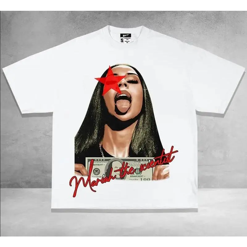 Unisex Retro Portrait Red Star Dollar Bill Graphic T-Shirt, Vintage Hip Hop Streetwear, Menswear Short-Sleeve Top, Casual White Sports Tee, Shortsleeve, Tshirt