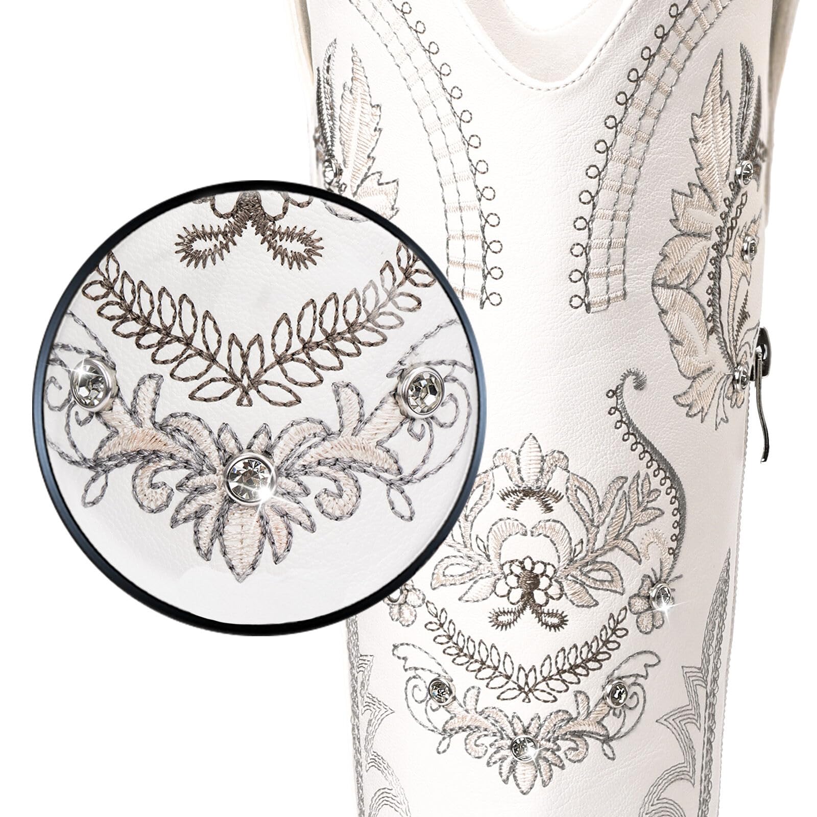 【Rodeo Boots】Pasuvo Women's White Embroidered Western Cowboy Boots - Vintage Floral Stitching, Classic Pointed Toe, Stacked Heel, Perfect for Country Style, Festivals, and Everyday Fashion Footwear