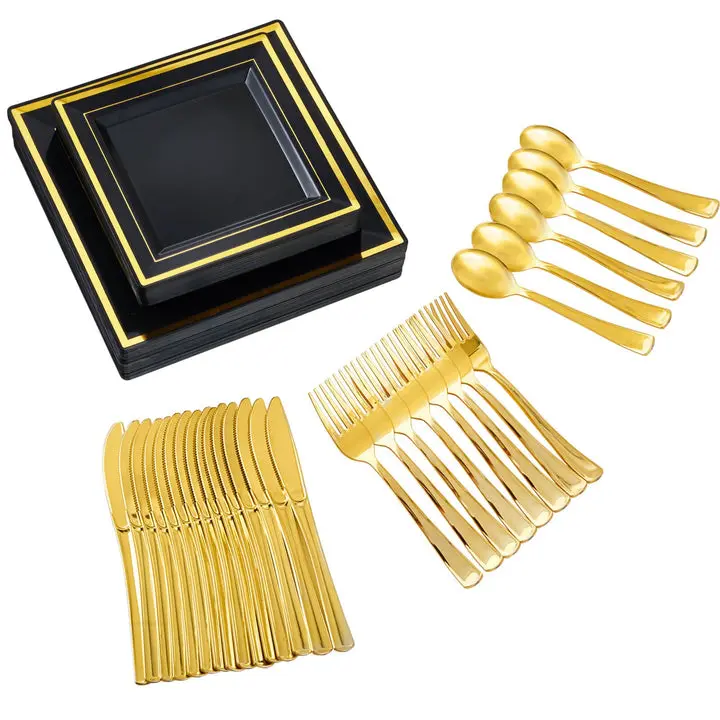 Black Gold Trim 125pc 25set Disposable Square Plates and Tableware Set: Dinner Plates,Dessert Plates,Knife,Forks,Fpoons-Perfect for Party Reusable |BPA Free