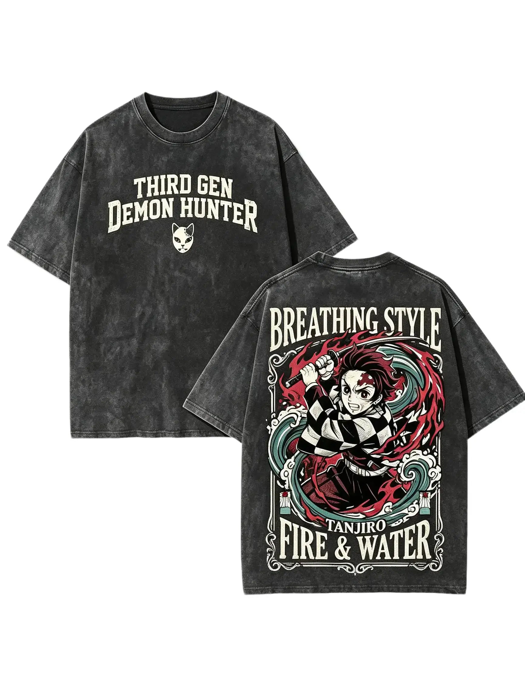 Tanjiro Demon Slayer Anime Graphic T-Shirt Vintage Washed Cotton Tee, Front Back Dual Print Oversized Streetwear Top For Anime Fans Daily Casual Wear day fashion outfit Unisex couple t-shirt