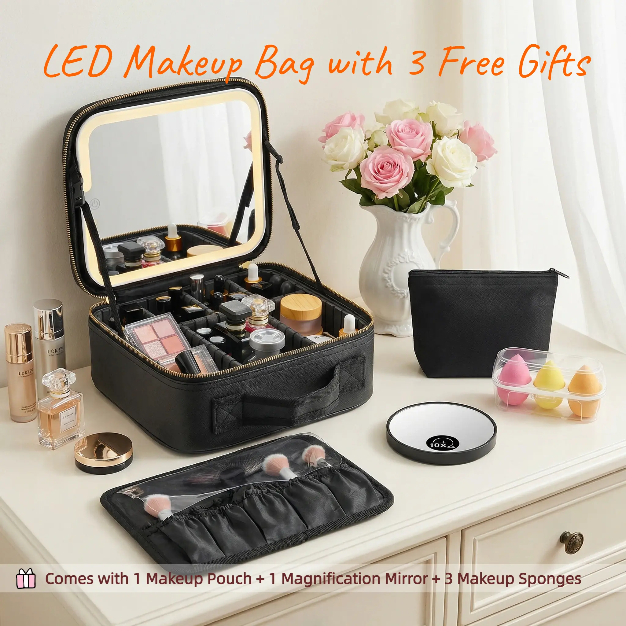 Portable   Travel Makeup Bag with Rechargeable LED Mirror, Cosmetic Organizer with Adjustable Dividers, Travel Train Case with Zip,   3 Free Gifts Included, Perfect Gifts For Her