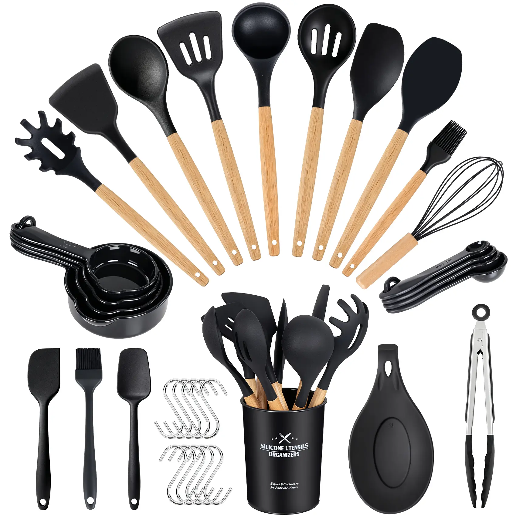 MGKKT Silicone Non-Stick Heat-Resistant Kitchen Utensil Set with Teak Wood Handle - Spatula, Stainless Steel Components, Durable Tools for Nonstick Cookware, Smooth Grip, Easy to Clean, Girly Kitchen Accessories