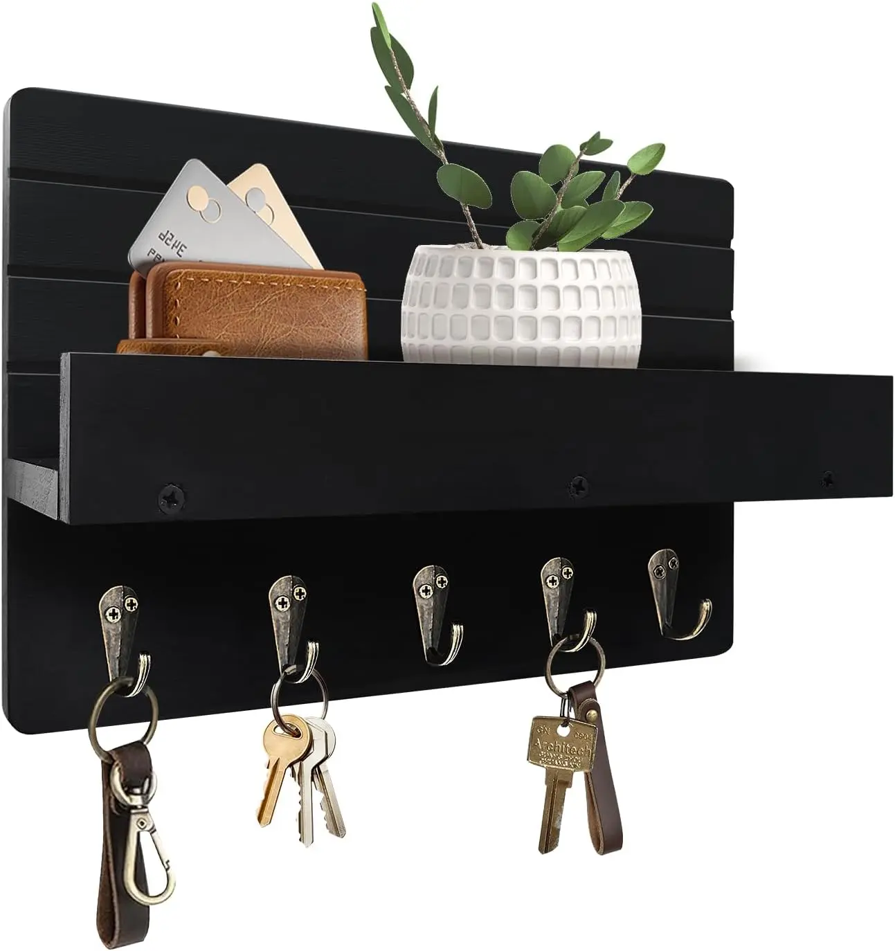 Key Holder Wall Mount, Rustic Key Hooks for Wall with Shelf for Mail Organizer, with 5 Sturdy Hooks for Hanging Keys, Dog Leash, Wooden Key Hanger