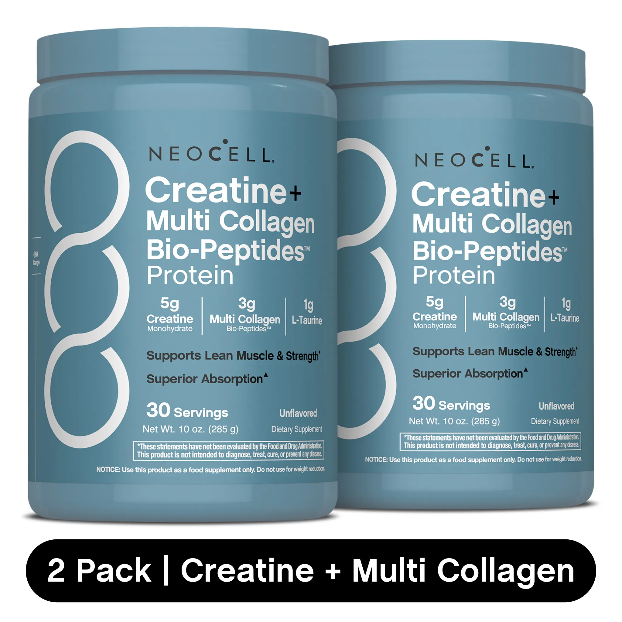 2x NeoCell Creatine Monohydrate Powder - With Multi Collagen Peptides - 60 Servings - Unflavored - for Women and Men - 20oz Total of Creatine + Collagen