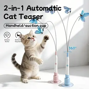 2-in-1 Electric Cat Teaser Stick with Powerful Suction Cup Automatic fun Cat Toy indoor Adhesive or Handheld Teaser Wand 360° Rotating cool cat stuff