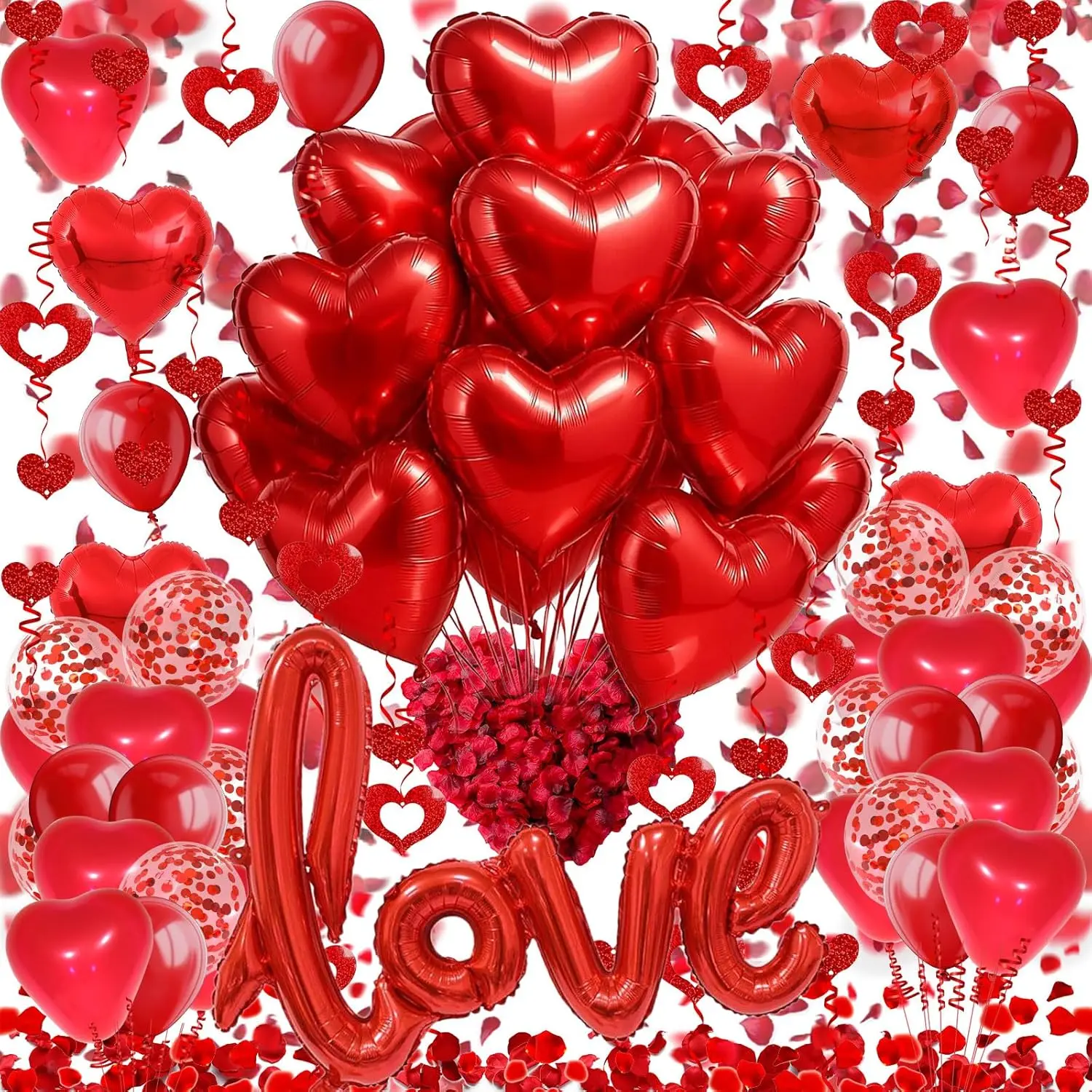 Love and Heart-Shaped Aluminum Foil Balloon,Heart-Shaped and Round Latex balloons,Confetti Balloon,Fake Petals,Hanging Streamers for Valentines Bridal Shower Anniversary Engagement Decorations, Transparent, Plastic