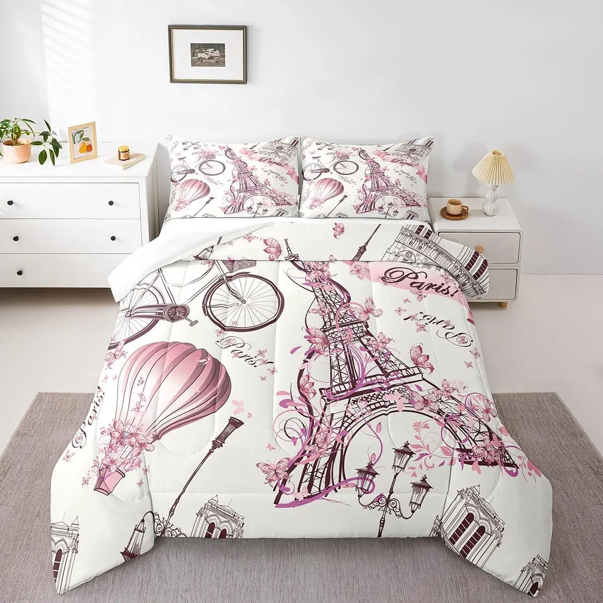 Feelyou Eiffel Tower Couple Microfiber Comforter Set - Pink Floral Decor, Paris Cityscape Printed, Romantic Quilted Duvet, Decorative Bedding Set, Microfiber Bedding Set