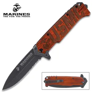 "USMC Beachhead Pocket Knife   4"" Blade   8 1/2"" Overall   Wood Handle with Steel Bolster   Pocket Clip and Glass Breaker"
