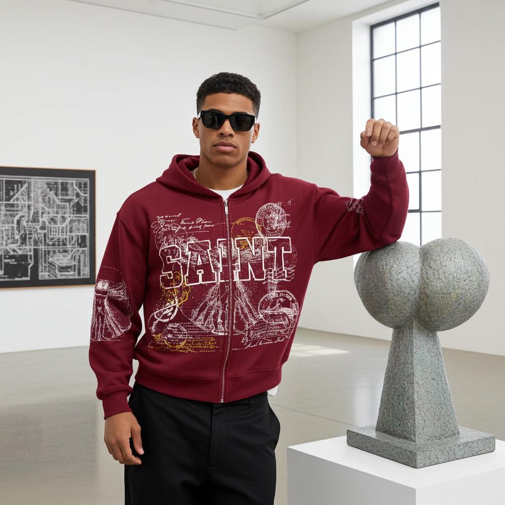 Sopula Studio Men's Saints Stamp Collage Vitruvian Man Vintage Art Graphic Zip Up Hoodie Casual Fall Streetwear SpringStatements