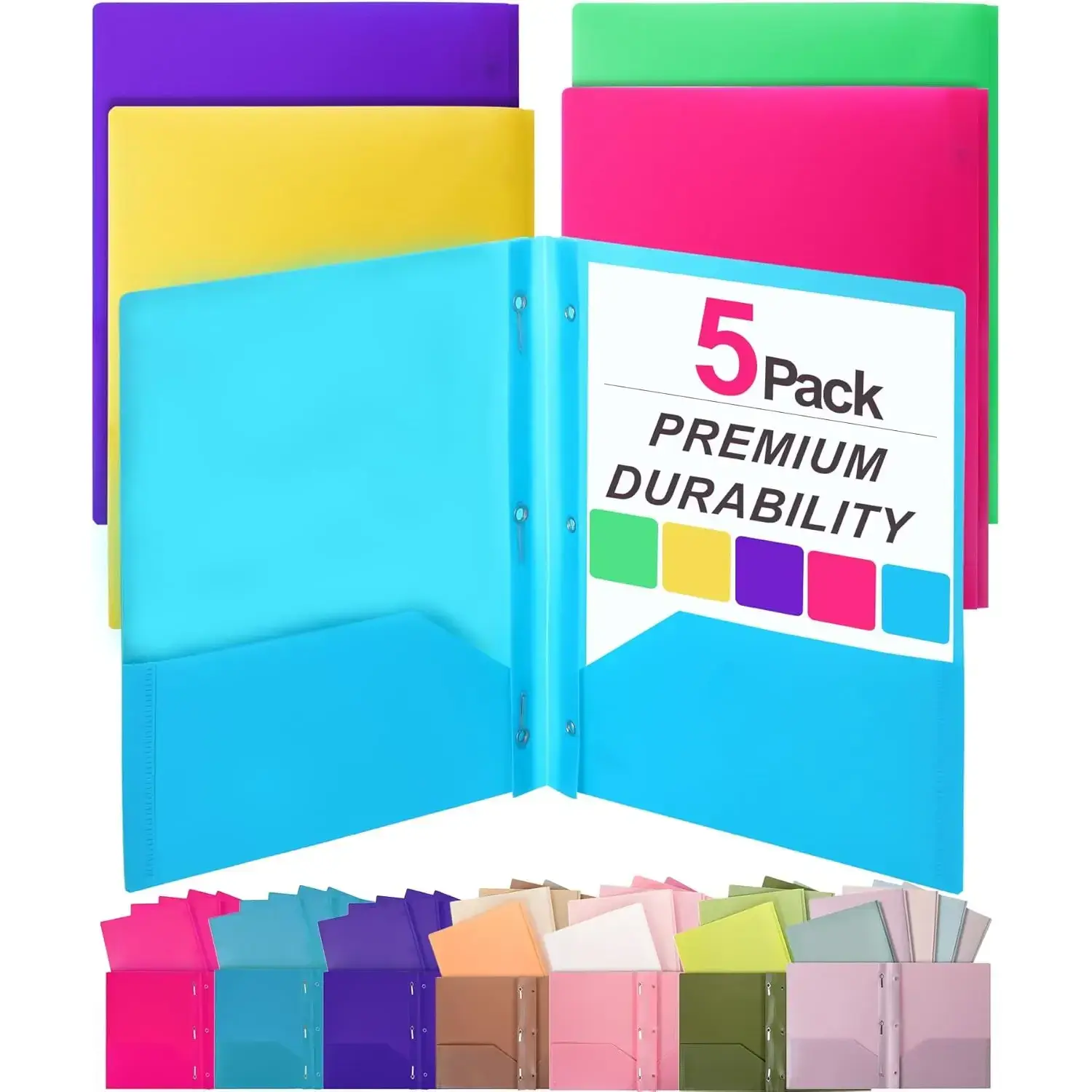 Plastic File Folders with Pockets and Prongs, 5-Pack Letter Size Flexible Document Organizer, Multi-Pocket File Storage Folder for Office Accessories & Stuff for School