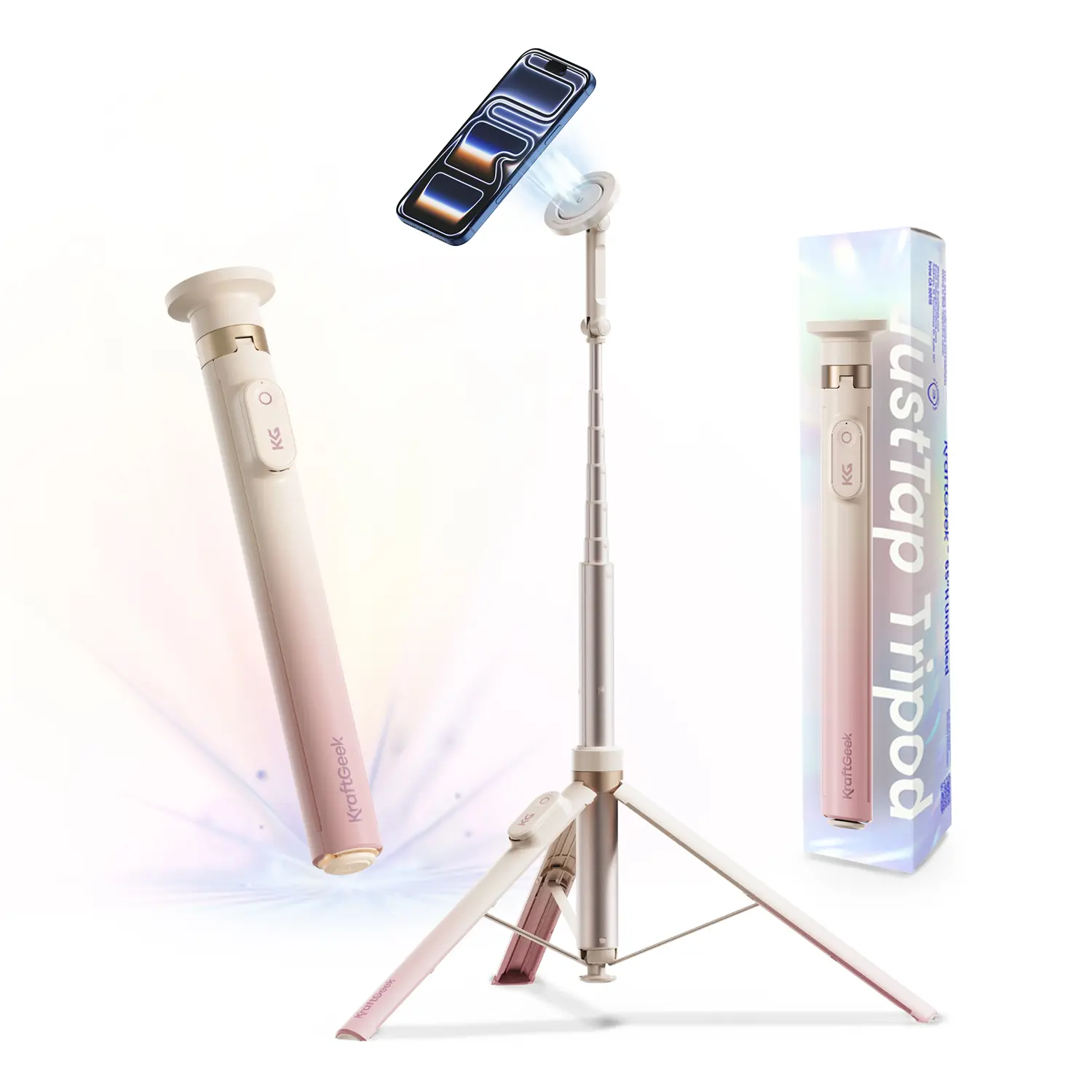 KraftGeek JustTap Ombré Peach 66-in Phone Tripod Selfie Stick with Auto Open, Magnetic/Clamp Head, Dual Axis Rotation, MagSafe Compatibility for iPhone 12-17, Pixel 10, MagSafe Cases & Metal Ring Mount Phones (Vlogging Equipment), Accessories, Phone Acces