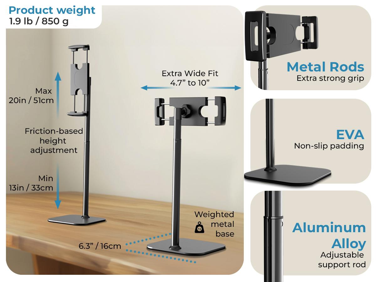 Cooper TabStand - Height Adjustable iPad/Tablet/ Portable Monitor Holder, metal/aluminium design, Fits Up to 17" Devices - Diagonal, 360° Rotate & Tilt, 4.4lb Holding Strength, Portable for iPad Pro, Mini, Air, Smartphone Adjustable Multi-Device Stand Cooper TabStand - Height Adjustable iPad/Tablet/ Portable Monitor Holder, metal/aluminium design, Fits Up to 17" Devices - Diagonal, 360° Rotate & Tilt, 4.4lb Holding Strength, Portable for iPad Pro, Mini, Air, Smartphone Adjustable Multi-Device Stand