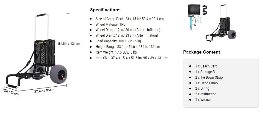 VEVOR Beach Carts for Sand, TikTokShopBlackFriday, 23" x 15" Cargo Deck, w/ 13" TPU Balloon Wheels, 165LBS Loading Folding Sand Cart & 33.1" to 51.6" Adjustable Height, Aviation Aluminum Cart for Picnic, Fishing, Beach