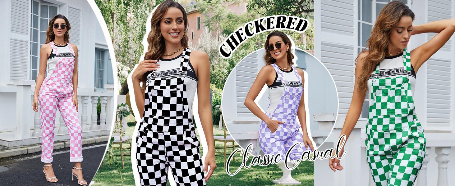 ODEFOU St. Patrick's Day Checkered Overalls for Women Stretch Plaid Print Football Game Outfit Fashion Jean Jumpsuit Cute Denim Bibs Coveralls Sleeveless Clothes Spring Fall Winter Festival Vibes Womenswear