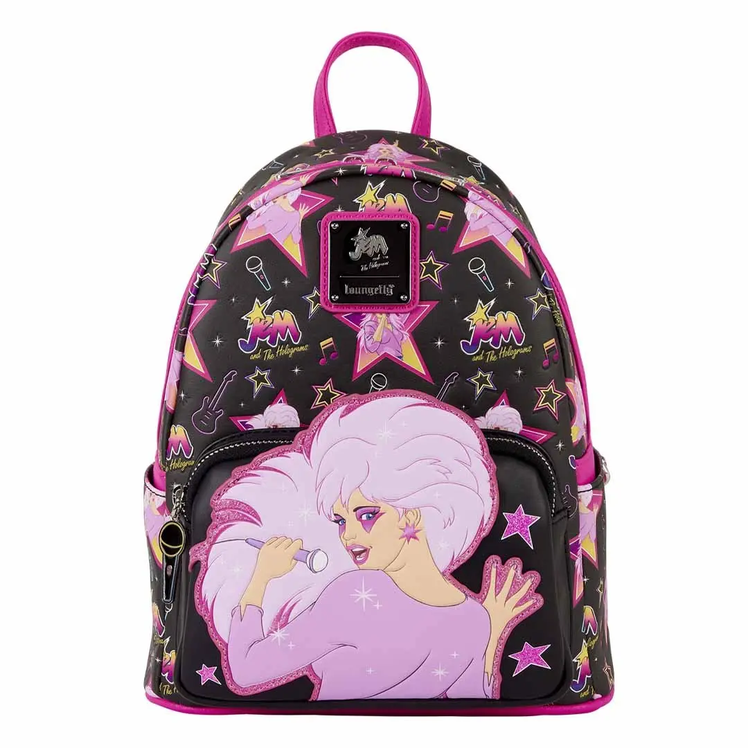 Loungefly Hasbro Jem and the Holograms Glitter All-Over Print Mini Backpack with Guitar Applique, Debossed Details, and Enamel Zipper Charm