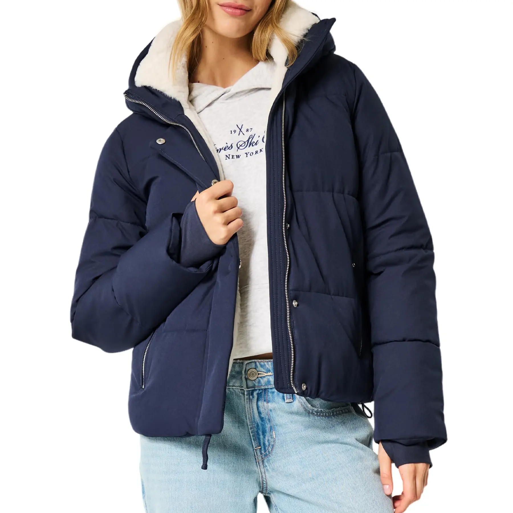 Yimoom Women's Cropped Puffer Jacket Winter Coat Sherpa Fur Lined Quilted Jacket with Hood Outerwear Fleece