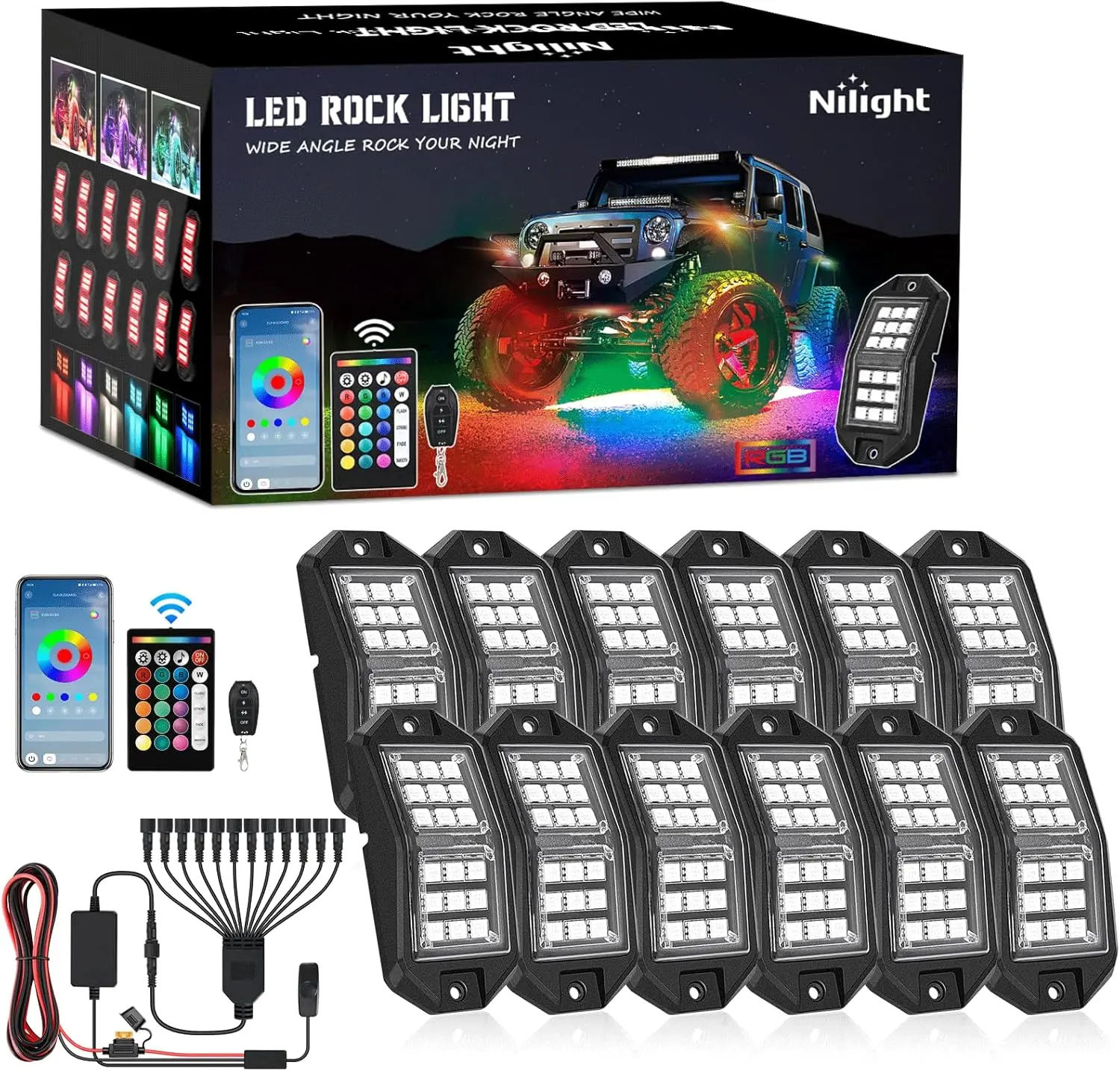 Nilight RGB LED Rock Lights Kit 12 PCS 18LED Wide Angle Wheel Well Light with Remote & Bluetooth App Dual Control Multi Modes Underglow Multicolor Neon Pod for ATV UTV SUV Offroad Truck RZR Boat, Interior Car Lights, Led Ambient Light Led Backlights