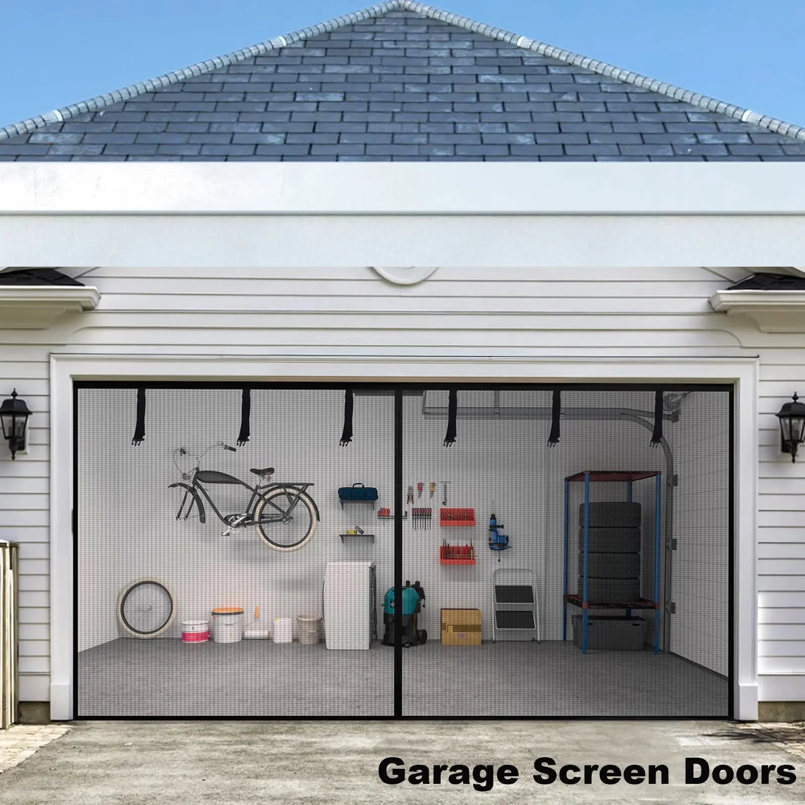 Heavy Duty Magnetic Garage Screen Door for 2‑Car Garage, Hands‑Free Mesh Curtain with 6 Roll‑Up Straps, Durable Screen for Patio, Porch, Outdoor Gym & Sunroom, Black
