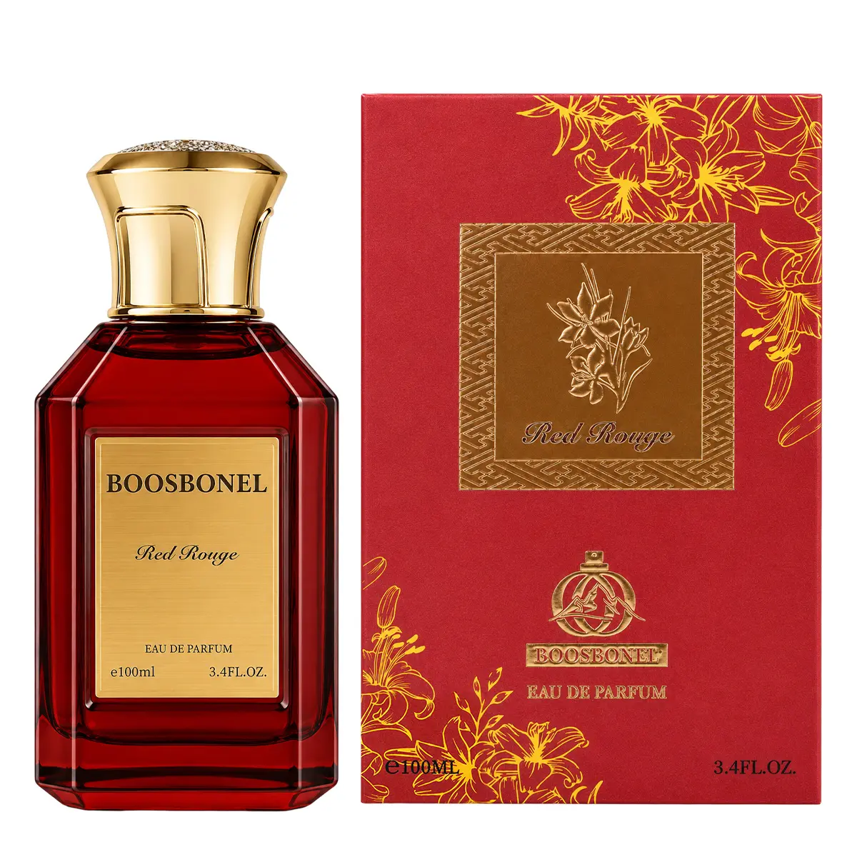 BOOSBONEL Red Rouge Eau De Parfum 100ml(3.4FL.OZ) Gift Edition - Luxurious Look, Smooth Fruity Sweet Amber Floral Woody Scent, Long-Lasting Unisex EDP Perfume Spray, Aromatic Amberwood, EDP Liquid for Parties, Evening Occasions