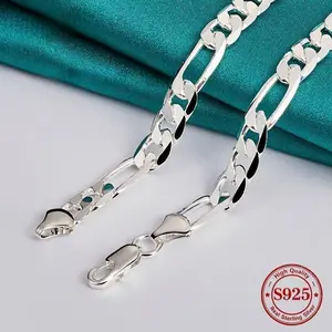 925 Sterling Silver Figaro Necklace, Independent Studio Design, Italian Craftsmanship, Fashion Minimalist, Perfect For Gift-giving, Valentine'S Day, 8mm Wide, 18-24 Inches