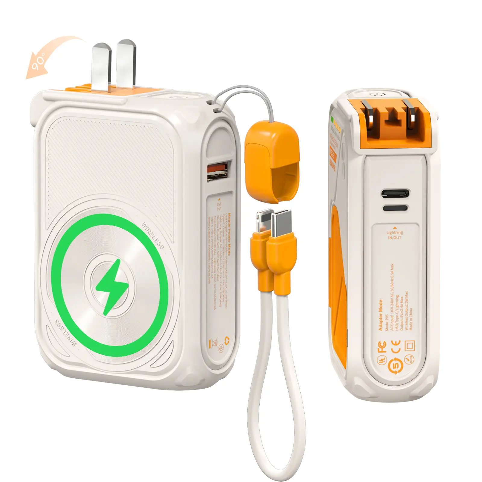 SEANCHEER P05 Mobile Charger, 10000mAh Magnetic Wireless Portable Charger with Built-in Cable, Foldable Wall Plug, Fast Charging Battery Pack for iPhone, Samsung, Android - Everyday Carry & International Travel Essentials