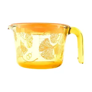 SHUEHO 500ml Borosilicate Glass Measuring Cup with Lid, Graduated Mixing Bowl for Baking, Whisking, Tea, Amber Ginkgo Design