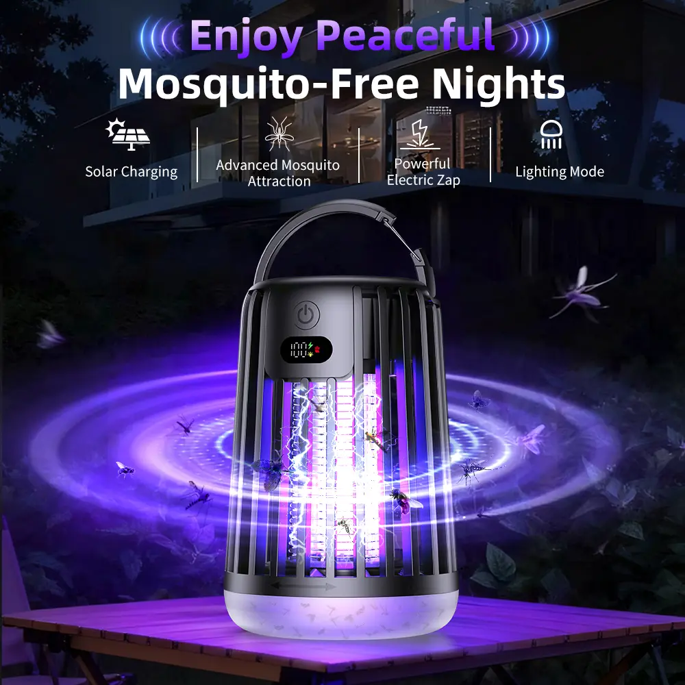 JT MOROLUX Solar Bug Zapper - Electric Mosquito Killer with Dual Charging, LED Lantern, Portable Indoor-Outdoor Insect Trap for Home, Camping