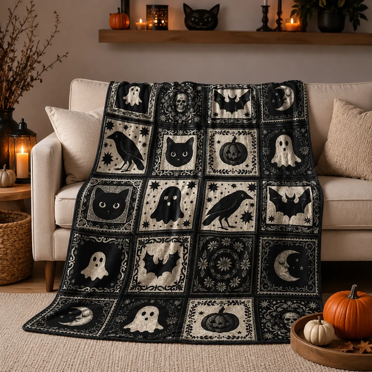 Halloween Flannel Throw Blanket - Soft Plush, Spooky Ghost-Black Cat-Bat-Skull-Moon-Pumpkin Patchwork Print, Cozy for Sofa-Bed-Couch, Fall Home Decor, Machine Washable Gift