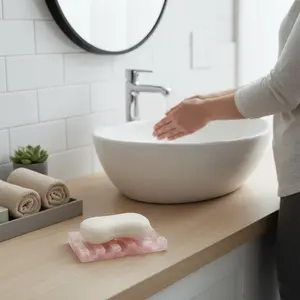 Pink Single Draining Soap Dish,Draining Soap Dish Pink Crystal Holder for Bathroom Shower Kitchen Bar Saver Tray with Sloped Design to Keep Soap Dry