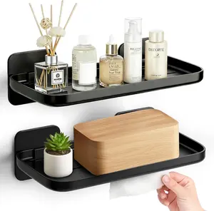 2 Pack Adhesive Floating Shelves No Drill Small Floating Shelf for Wall Storage Damage-Free Wall Mounted Organizer for Bathroom, Kitchen, Bedroom & Office (Black)
