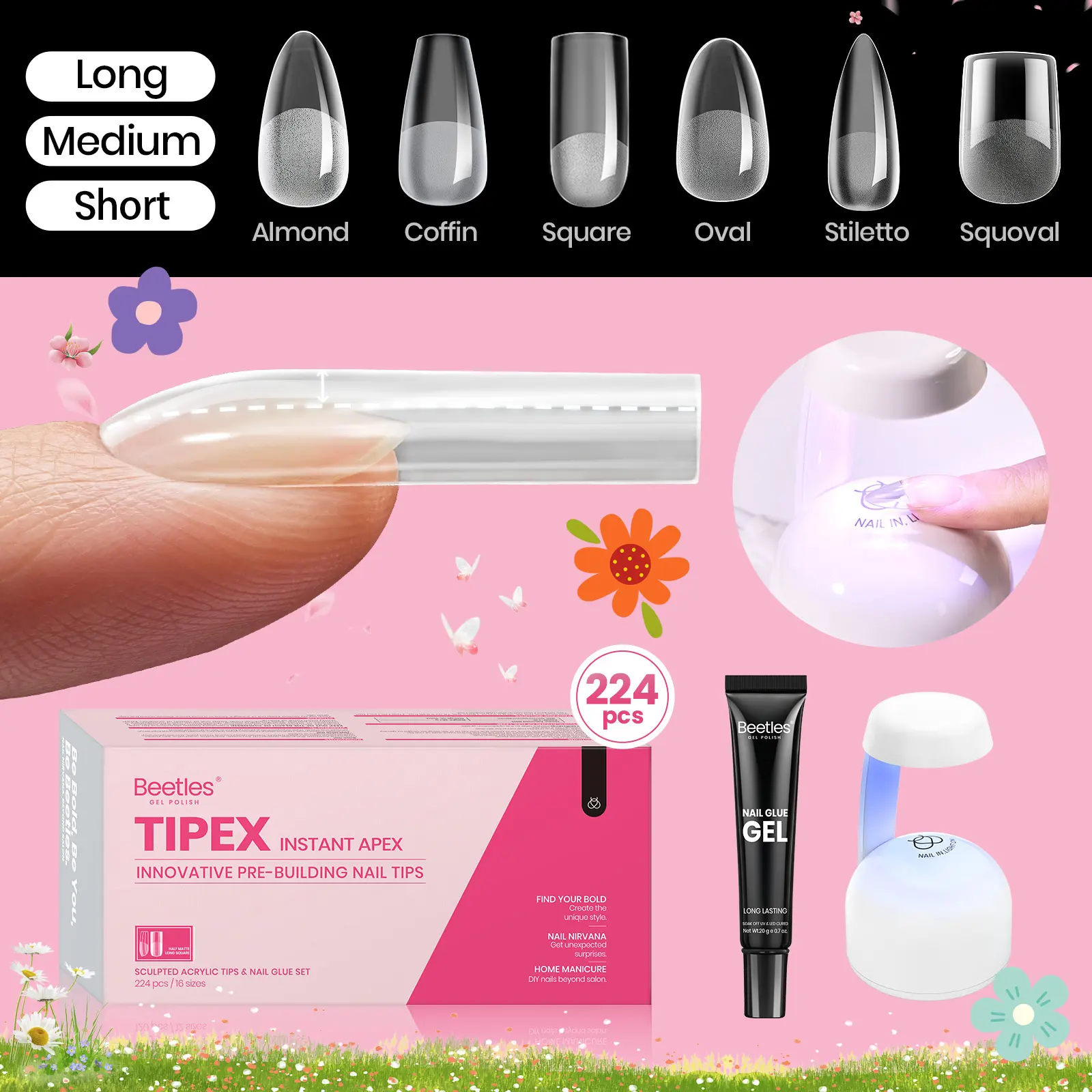 Beetles Tipex Instant Apex Nail Extension Tips Manicure Kit -224Pcs Kit 96/192/512Pcs Stock Up Almond/Coffin/Square/Oval/Stiletto/Squoval Shape Thick Acrylic Nail Manicure DIY Nail Glue mothersdaygift Spring Nail Summer Nail Vacation Nail #SummerVibes