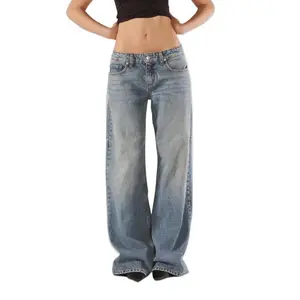 Women's Fall Jeans with Pockets Fashion Loose Fit Casual Solid Low Rise Wide Leg Denim Pants Womenswear Bottom