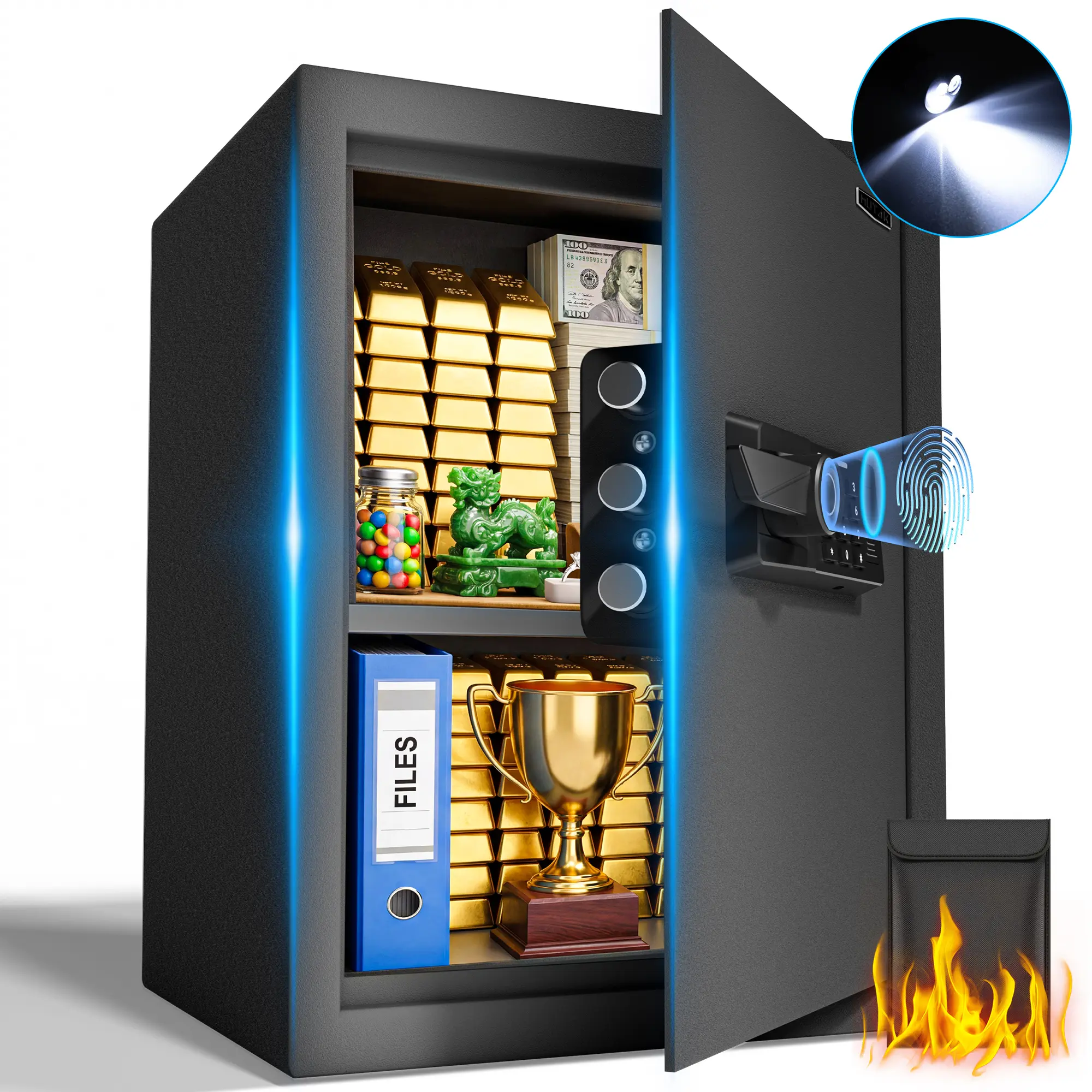 Mutak Biometric Safe Box - 2026 Father's Day Gift, Smart Security Safe with Removable Shelf, 1.0/1.5/2.0 cu ft Secure Storage, 16 Gauge Alloy Steel, 0.1S Fingerprint Keypad Recognition, 4 Access Methods, LED Light, Alarm, Fireproof Bag, Anti-Theft Design,