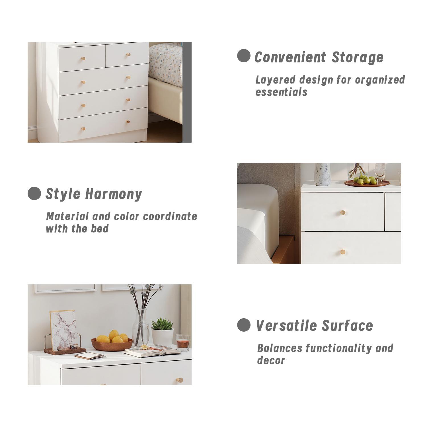 White dresser for bedroom, Chest of Drawer 5 drawer dresser with Gold Handle,Modern Sturdy Wood Storage Cabinet Nightstand for Bedroom,Living room