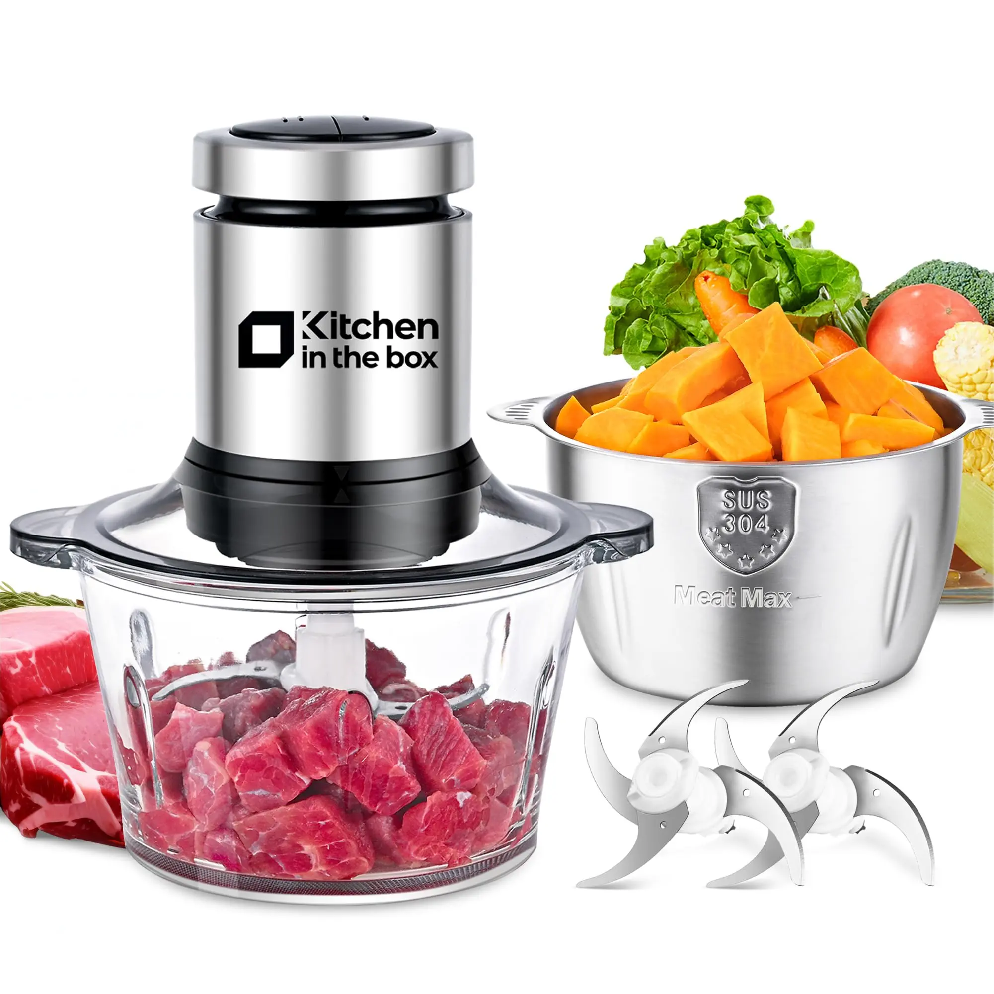 Kitchen in the box Food Processor, 400W Small Electric Meat Grinder & Food Chopper with 2 Bowls and 2 Bi-Level Blades, Mini Kitchen Chopper for Meat, Vegetables, Fish & Baby Food sohochic
