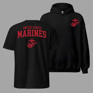 United States Marines T Shirt Hoodie, 2 Sides, Classic USMC Eagle Globe Anchor Graphic Tee, Soft Cotton Blend Apparel, Patriotic Military Clothing for Men & Women, Military Pride Gift
