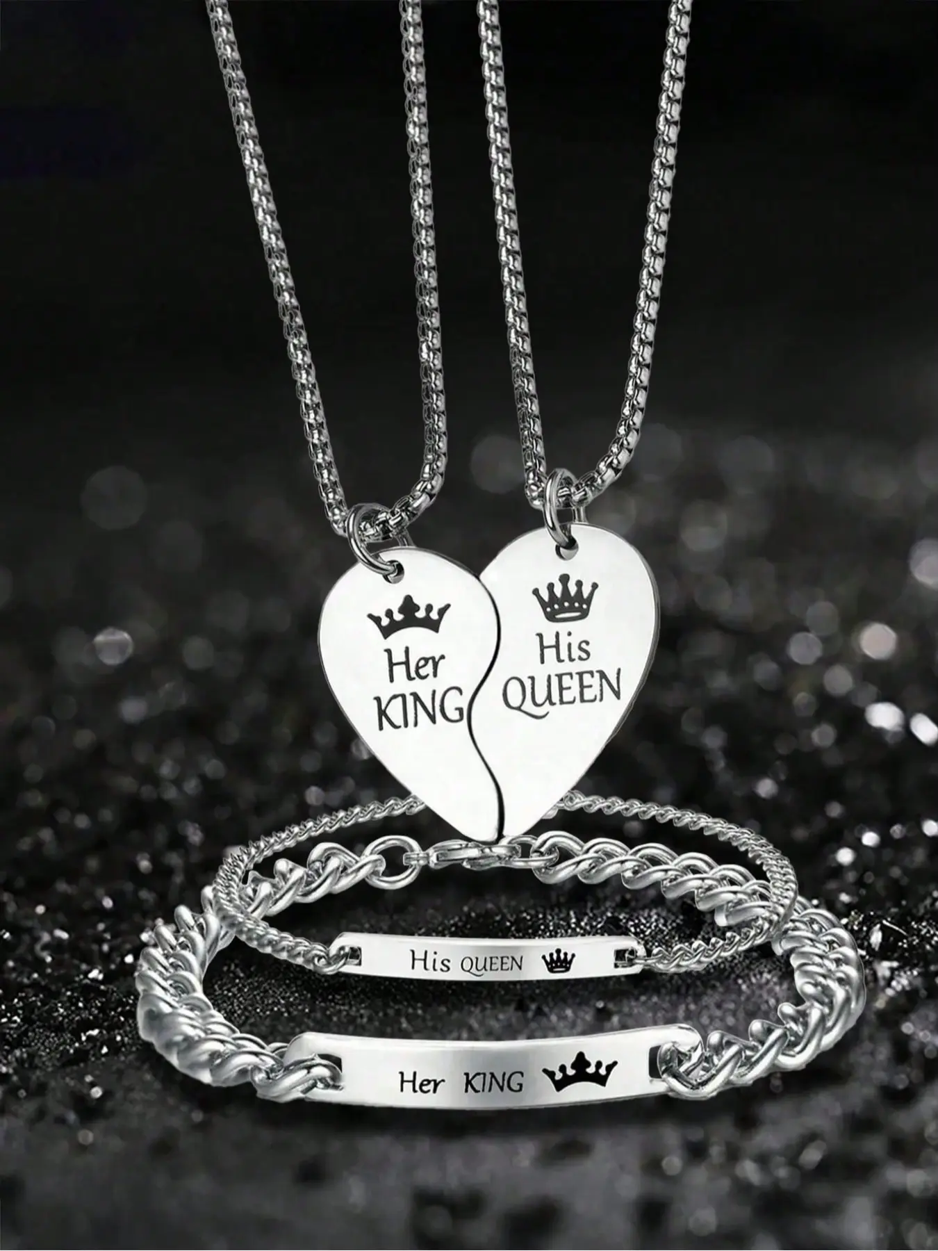 His Queen Her King Couple Necklace Bracelet Set, Couples Jewelry, Jewelry Sets, Unique Design, Durable Stainless Steel Romantic Gift, Perfect for Boyfriend Girlfriend, Valentine's Day Christmas, Matching Necklaces, All Season Wear