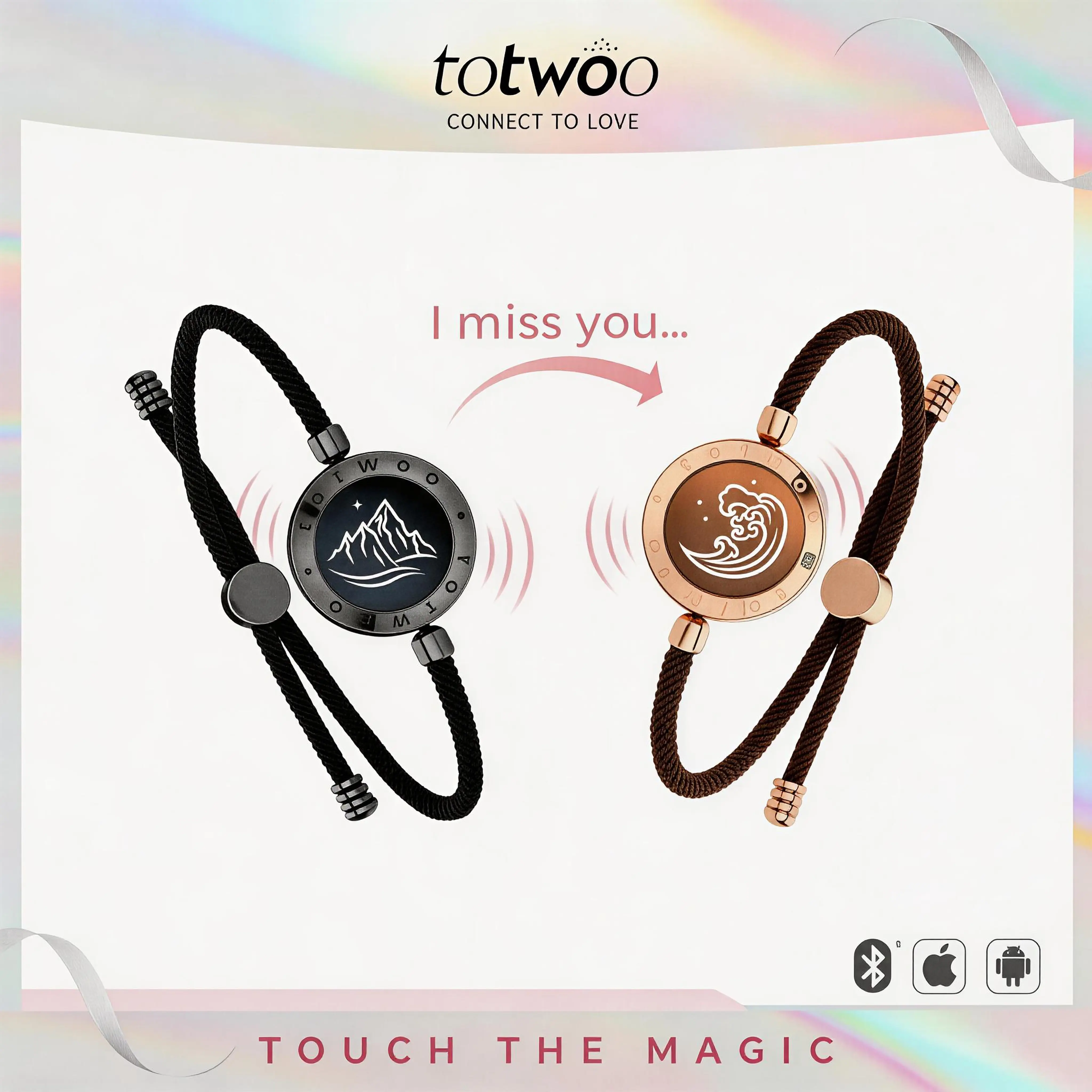 TOTWOO Couple's Long Distance Matching Connected Bracelets - Fashionable Couple Bracelet for Women, Daily Smart Jewelry with Light-Up/Vibration Features, 1-1 Bluetooth App Interaction, 30-Day Return Policy, Romantic Engraved Womens Gifts for Girlfriend