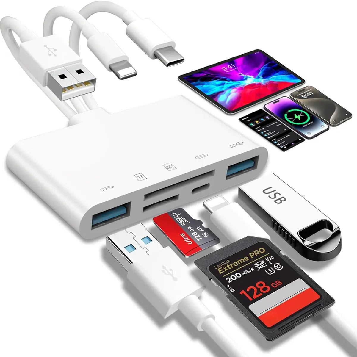 5-In-1 USB C Dual Ports Adapter - Storage USB Ports, Lightning Hub, Computer Memory Card Reader, Fast Charging, Charge&Read for iPhone/iPad, Plug&Play Fast Data Transmission Accessory