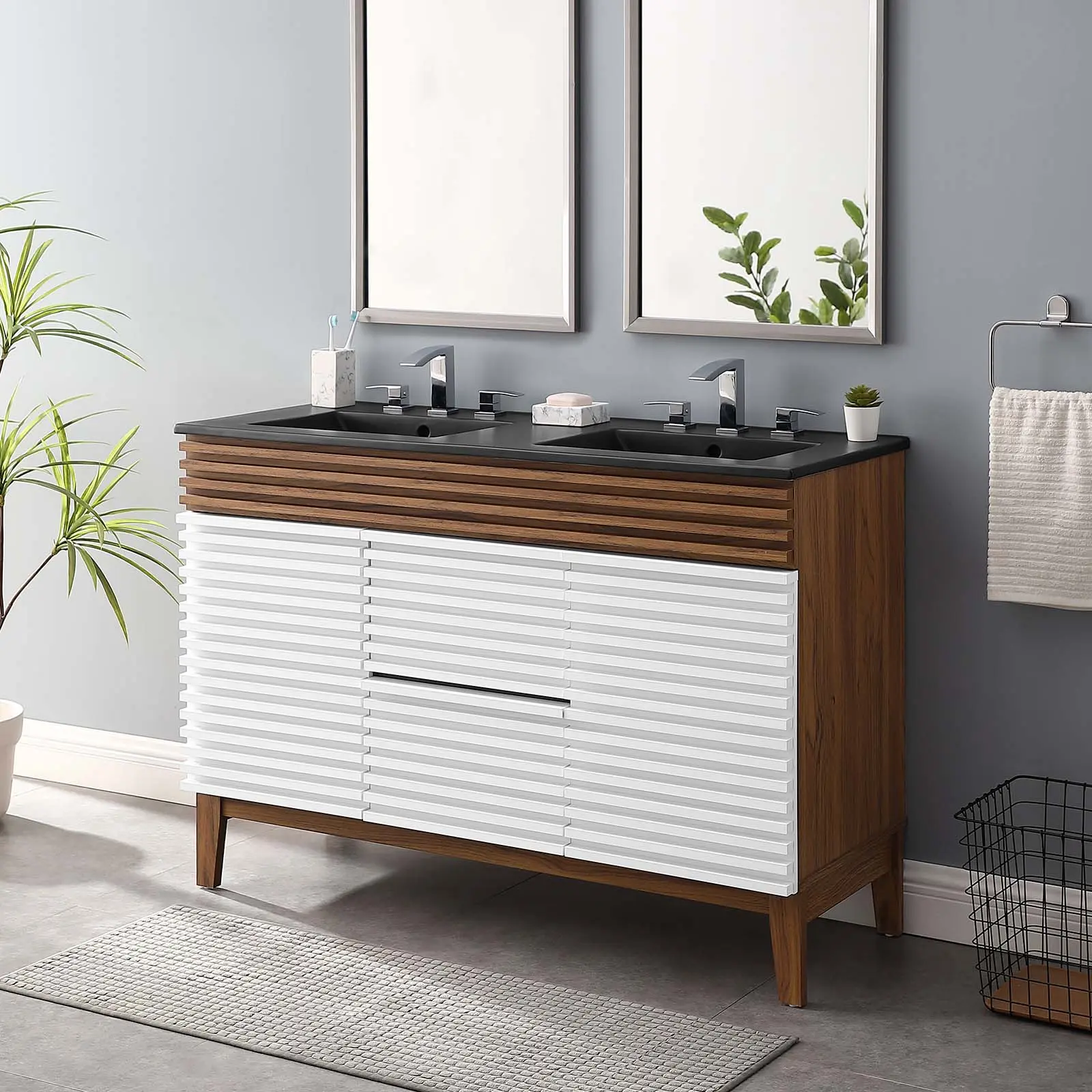 Modway Render 48" Double Sink Bathroom Vanity Set - White, Walnut, Black, Retro, 48" Double Ceramic Basin Top, Integrated Countertop, Smooth Walnut Grain Laminate, Soft-Close Hinged Doors, Under Sink Storage, Assembly Required
