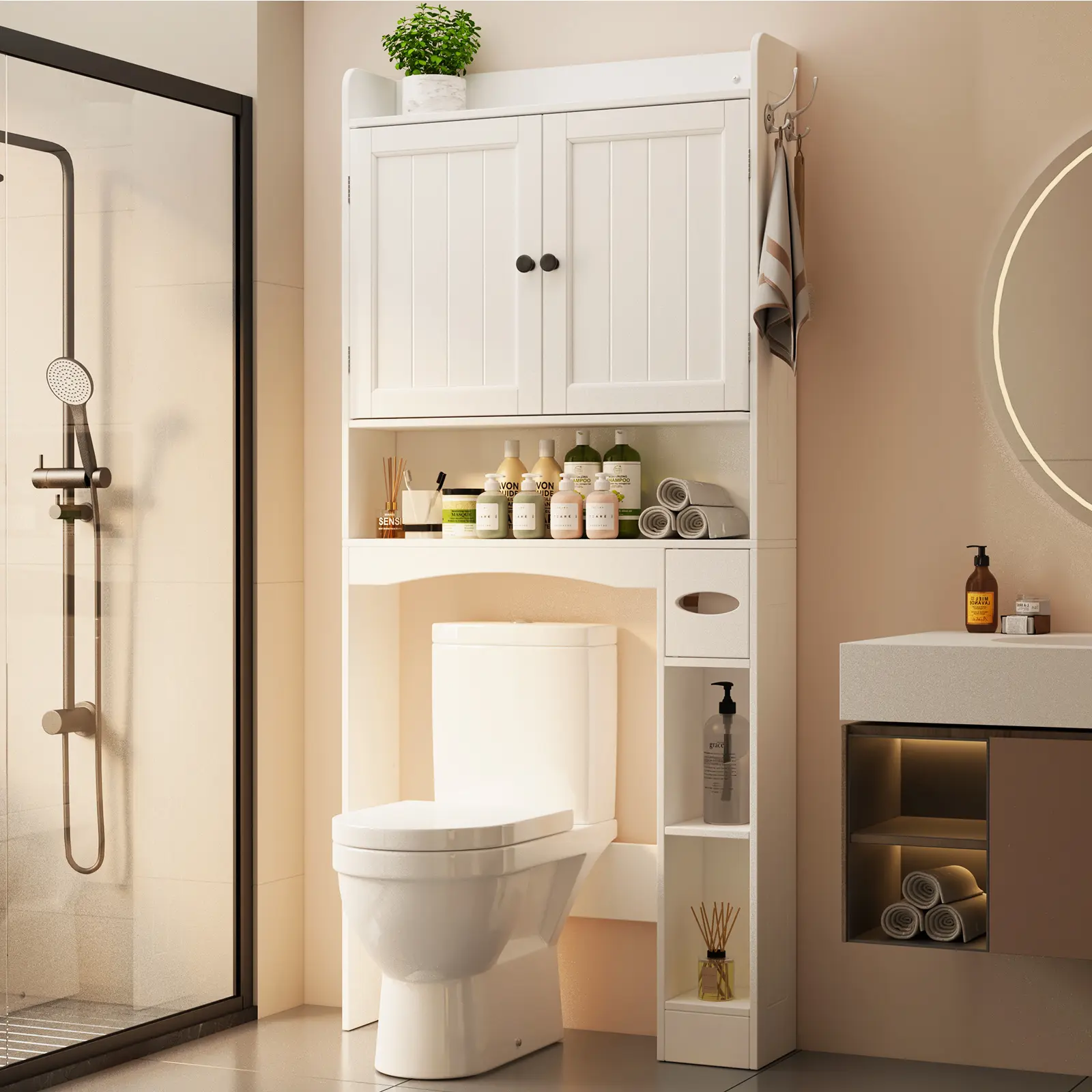 Gizoon Over-The-Toilet Storage Cabinet (32.3" W) - Bathroom Organizer, Small-Bath Fit Cabinet Furniture with Doors, Adjustable Shelves, Dry Tissue Box, 2 Side Hooks, Compact Space-Saving Design, Floor-Space Freeing White Bathroom Upgrade
